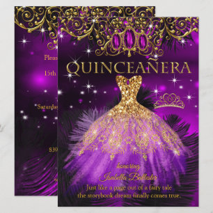 Invitation Quinceanera Anniversaire Purple Magenta Tiara Gold