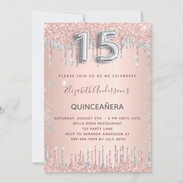 Invitation Quinceanera anniversaire rose or parties scintilla (Devant)