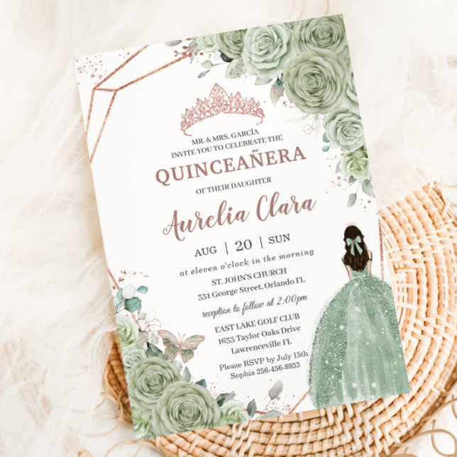 Invitation Quinceañera Anniversaire Sage Vert Floral Rose Or (Créateur téléchargé)