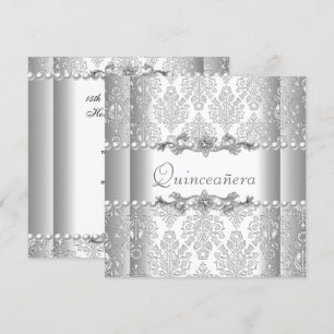 Invitation Quinceañera Anniversaire Silver White Pearl Lace