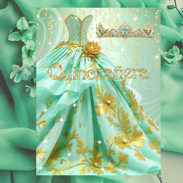 Invitation Quinceanera Anniversaire Soirée Mint Vert Or Robe (Créateur téléchargé)