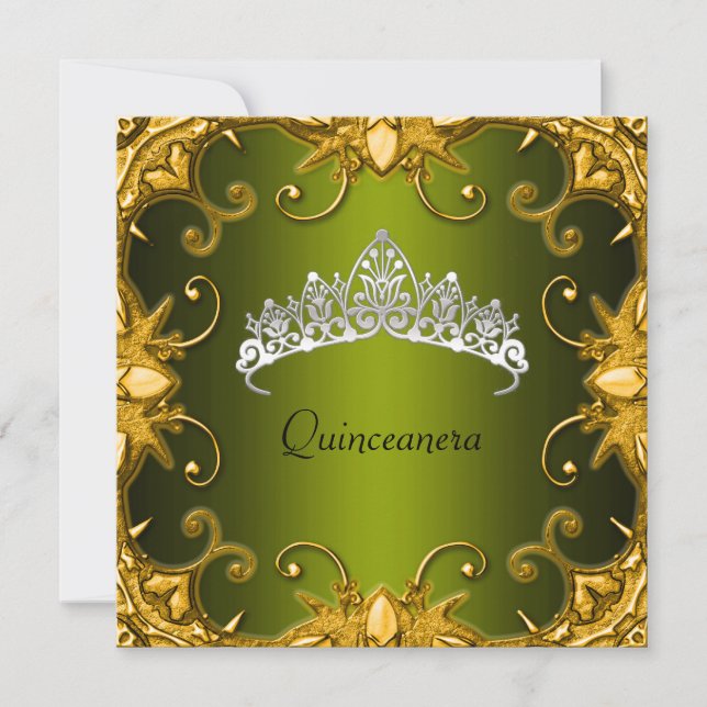 Invitation Quinceanera Anniversaire Soirée Vert Or Blanc Tiar (Devant)