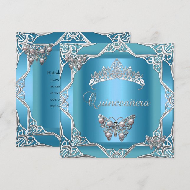 Invitation Quinceanera Anniversaire Turquoise Argent Tiara Pa (Devant / Derrière)
