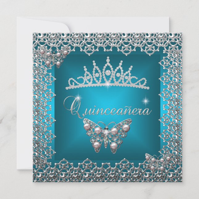 Invitation Quinceanera Anniversaire Turquoise Argent Tiara Pa (Devant)