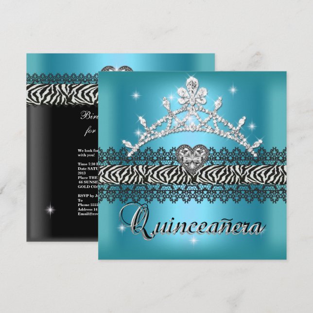 Invitation Quinceanera Anniversaire Zebra Turquoise bleu noir (Devant / Derrière)