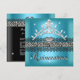 Invitation Quinceanera Anniversaire Zebra Turquoise bleu noir