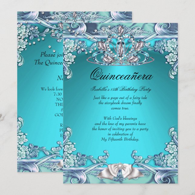 Invitation Quinceanera Aqua 15ème anniversaire de fête Turquo (Devant / Derrière)