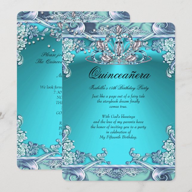 Invitation Quinceanera Aqua 15ème anniversaire de fête Turquo (Devant / Derrière)