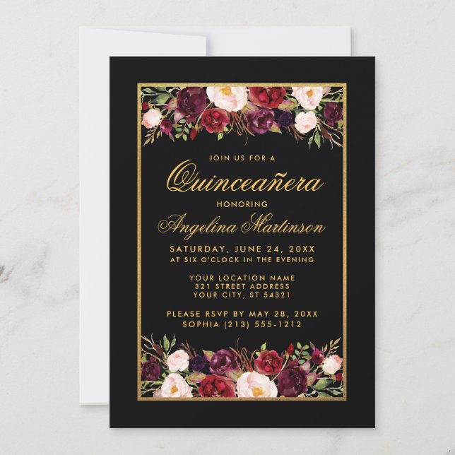 Invitation Quinceanera Aquarelle Bourgogne Floral Noir Or (Devant)