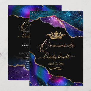Invitation Quinceanera, Aquarelle Galaxy Agate Faux Gold Inv