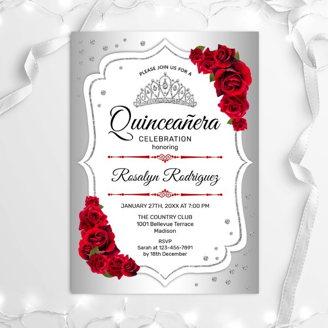 Invitation Quinceanera - Argent Blanc Rouge (Créateur téléchargé)