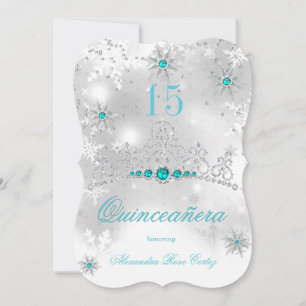 Invitation Quinceañera Argent Blanc Turquoise Bleu Perle Floc