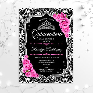 Invitation Quinceanera - Argent noir rose