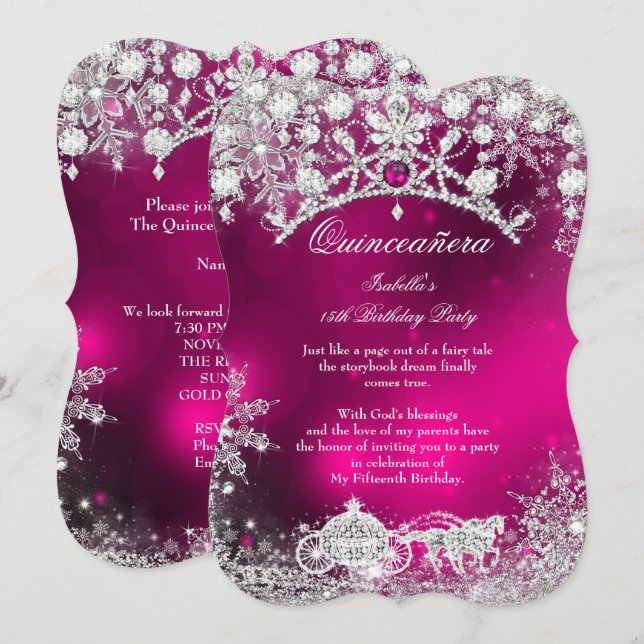 Invitation Quinceanera argent rose 15e Wonderland d'hiver (Devant / Derrière)