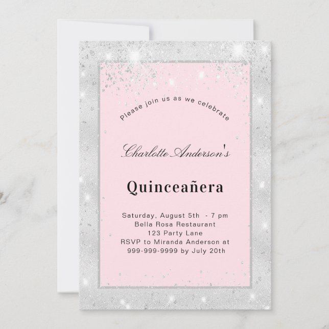 Invitation Quinceanera argent rousse parties scintillant rose (Devant)