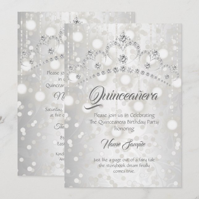 Invitation Quinceanera Assez Argent Blanc Diamant Tiara (Devant / Derrière)
