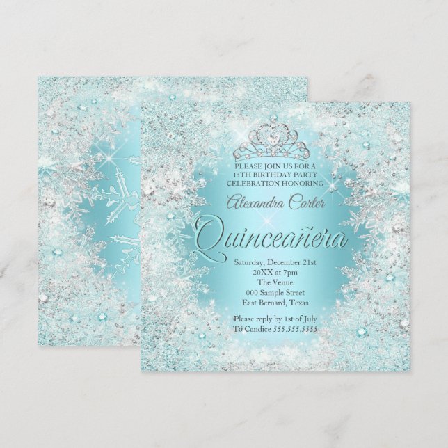 Invitation Quinceanera Assez Argent Turquoise bleu Snowflakes (Devant / Derrière)