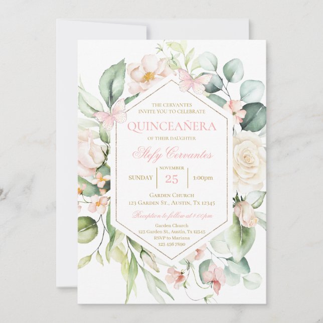 Invitation Quinceañera aux fleurs roses et papillons (Devant)