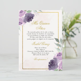 Invitation Quinceanera aux fleurs violettes beige