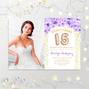 Invitation Quinceanera Avec Photo Gold Purple Floral
