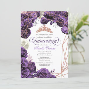 Invitation Quinceañera avec Regal Purple et Rose Gold Tiara