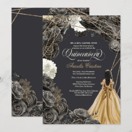 Invitation Quinceañera avec Roses noirs, Gold Gown & Parties 