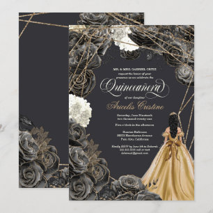 Invitation Quinceañera avec Roses noirs, Gold Gown & Parties 