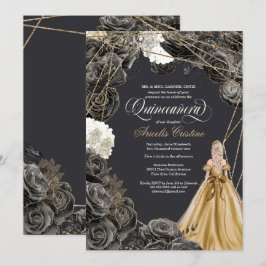 Invitation Quinceañera avec Roses noirs, Gold Gown & Parties 