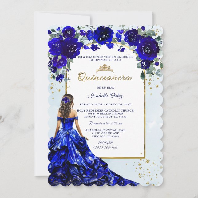 Invitation Quinceañera Azul Real y Oro (Devant)