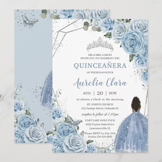 Invitation Quinceañera Baby Blue Floral Brown Princess 15e (Devant / Derrière)