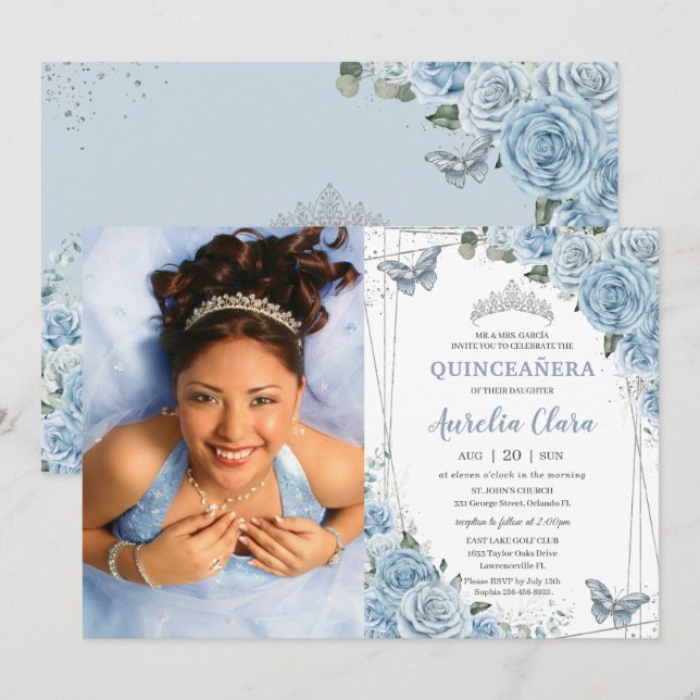 Invitation Quinceañera Baby Blue Floral Butterflies 16e (Devant / Derrière)