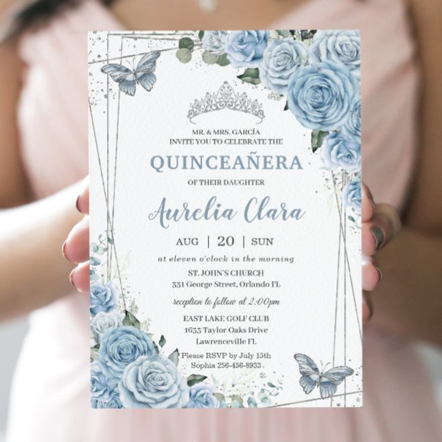 Invitation Quinceañera Baby Blue Floral Butterflies 16e (Créateur téléchargé)