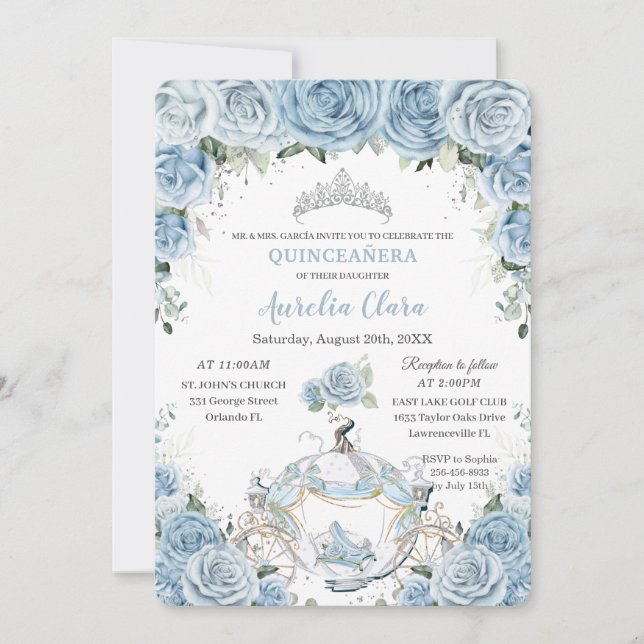 Invitation Quinceañera Baby Blue Floral Cendrillon Coach (Devant)