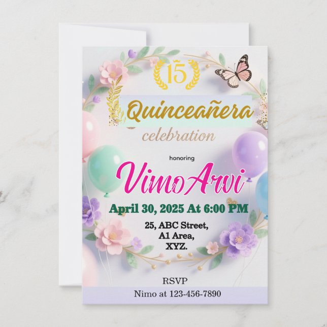 Invitation Quinceañera Ballons et Papillons  (Devant)