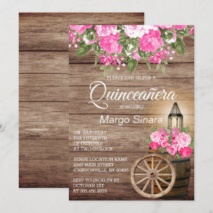 Invitation Quinceañera Baril de bois et Fleurs roses