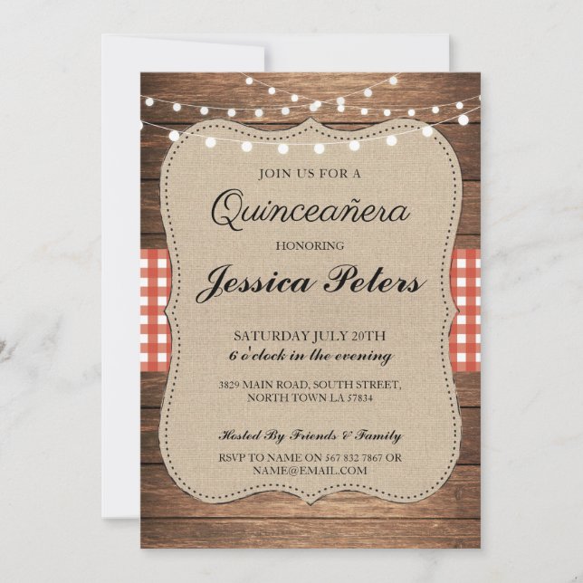 Invitation Quinceanera BBQ Party Red Check Rustic Wood Invita (Devant)