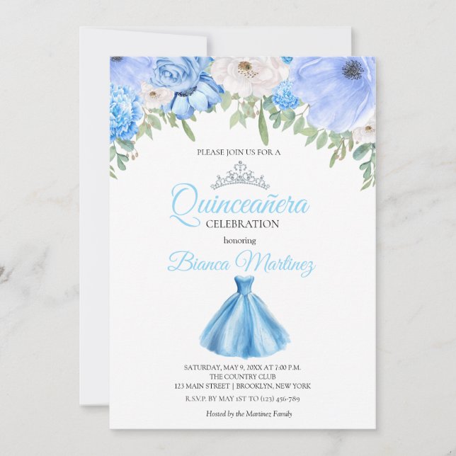 Invitation Quinceanera Bébé Robe Bleue Mis Quince (Devant)