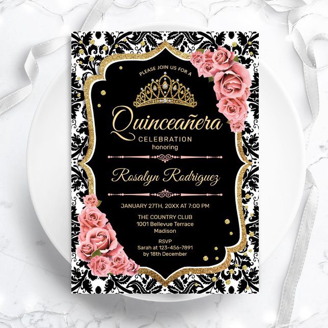 Invitation Quinceanera - Black Blush Pink Gold (Créateur téléchargé)