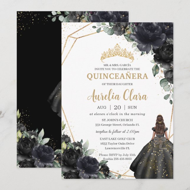 Invitation Quinceañera Black Floral Rose Princess Gold Crown (Devant / Derrière)