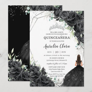 Invitation Quinceañera Black Floral Rose robe Couronne d'arge