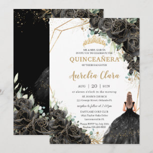 Invitation Quinceañera Black Floral Rose robe or Couronne I