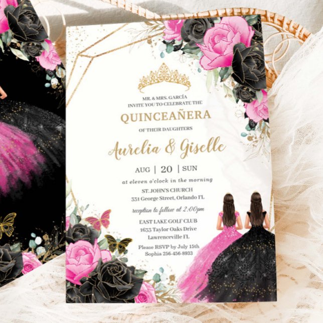 Invitation Quinceañera Black Fuchsia Floral Princess Twins (Créateur téléchargé)