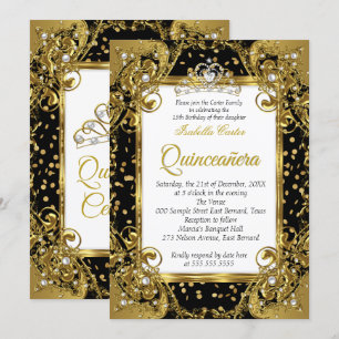 Invitation Quinceanera Black Gold Pearl Tiara étincelle