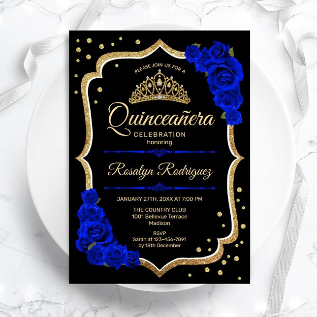Invitation Quinceanera - Black Gold Royal Blue (Créateur téléchargé)