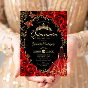 Invitation Quinceanera Black Red Gold