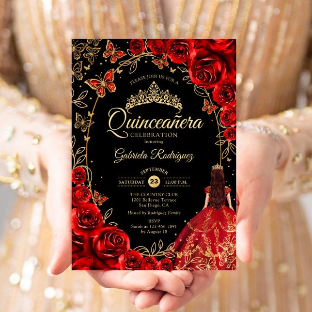 Invitation Quinceanera Black Red Gold (Créateur téléchargé)