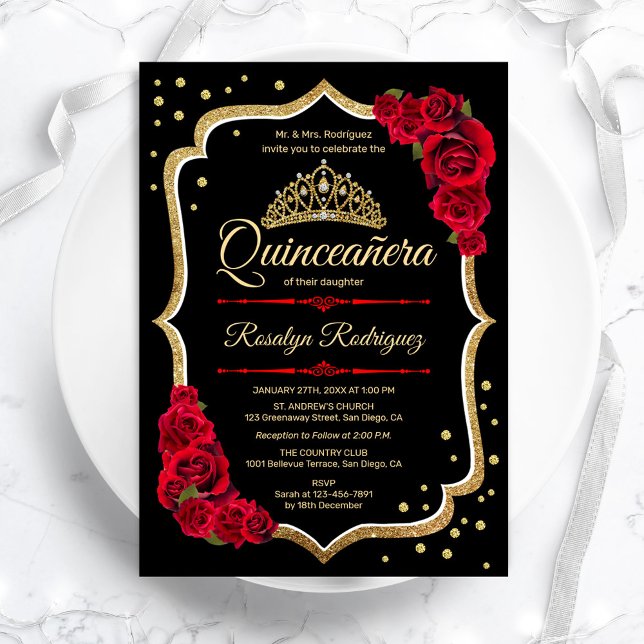 Invitation Quinceanera Black Red Gold Elegant (Créateur téléchargé)