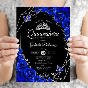 Invitation Quinceanera Black Royal Blue Silver Floral
