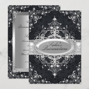 Invitation Quinceanera Black & Silver Pearl Vintage Glamour