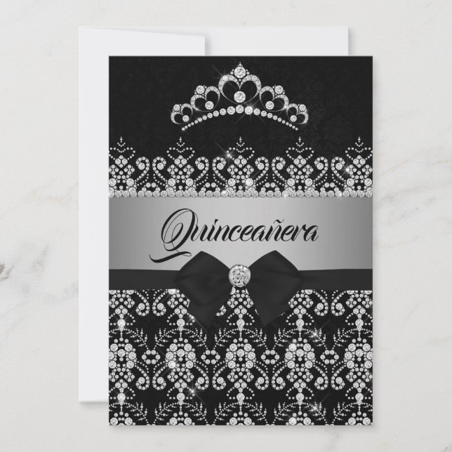 Invitation Quinceanera Black Silver Sparkside Diamond Tiara B (Devant)